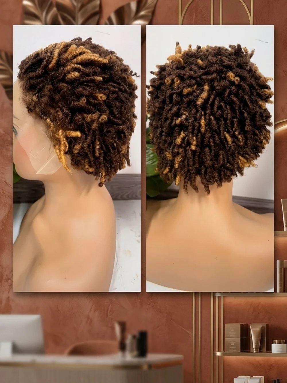 Short Curly Locs Wig - Brown with Honey Highlights